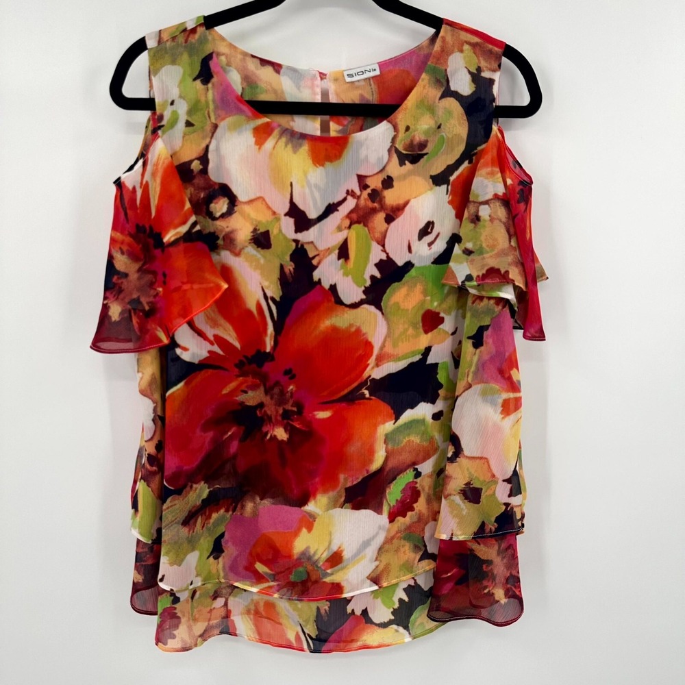 Sioni Blouse Top Women's Large Multi Floral Chiffon Layered Cold Shoulder Sleeve